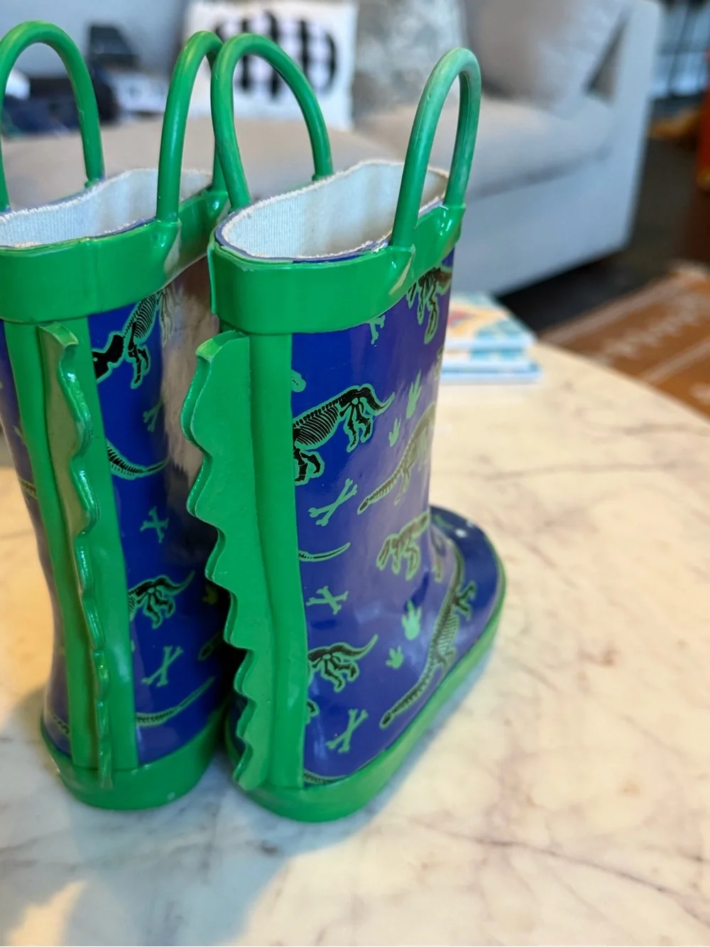 Kids Blue & Green Dinosaur Skeleton Pull On Rain Boots 7T